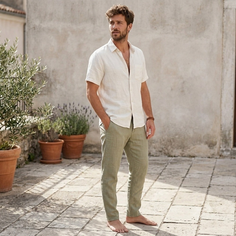 Oriba Mens Pants 42 30 US Green Herringbone Linen Tapered Coastal Earthy